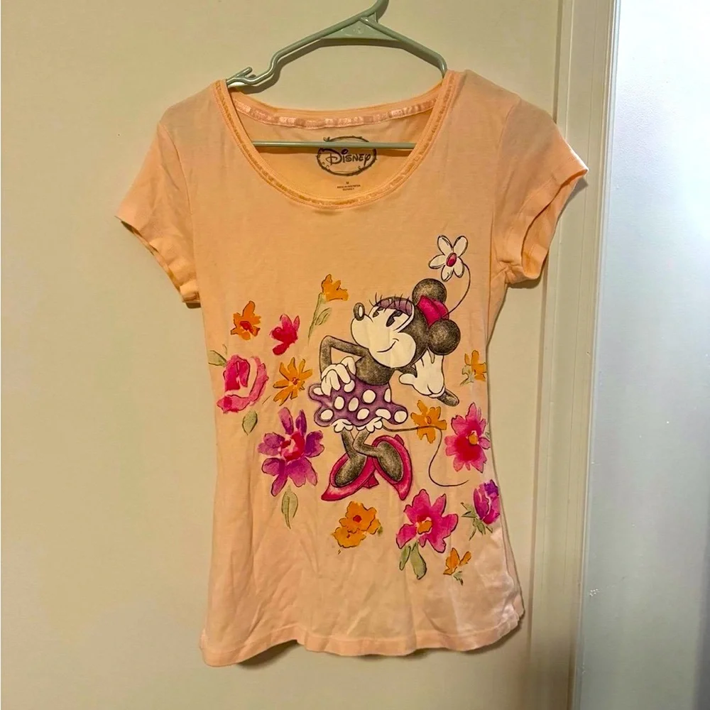 Disney Minnie Mouse Pink Pajama Set Short Sleeve Top Pants Floral Flower - Picture 2 of 6